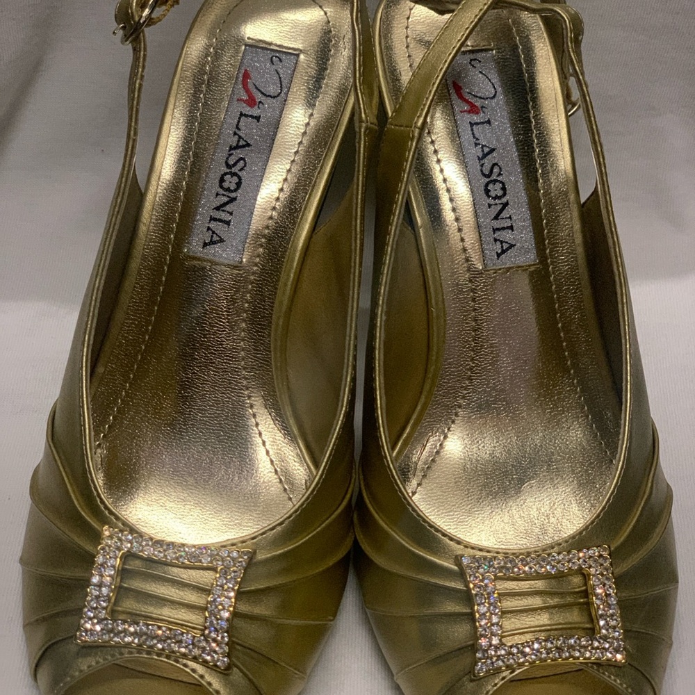 Lasonia Gold Peep Toe Heels with Rhinestone Buckle